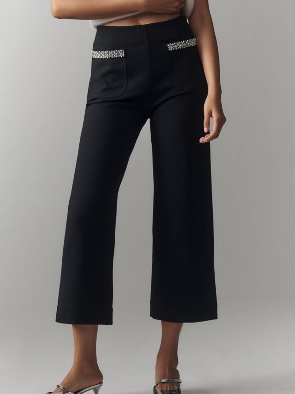 Anthropologie The Colette Cropped Wide-Leg Pants by Maeve: Rhinestone Pocket